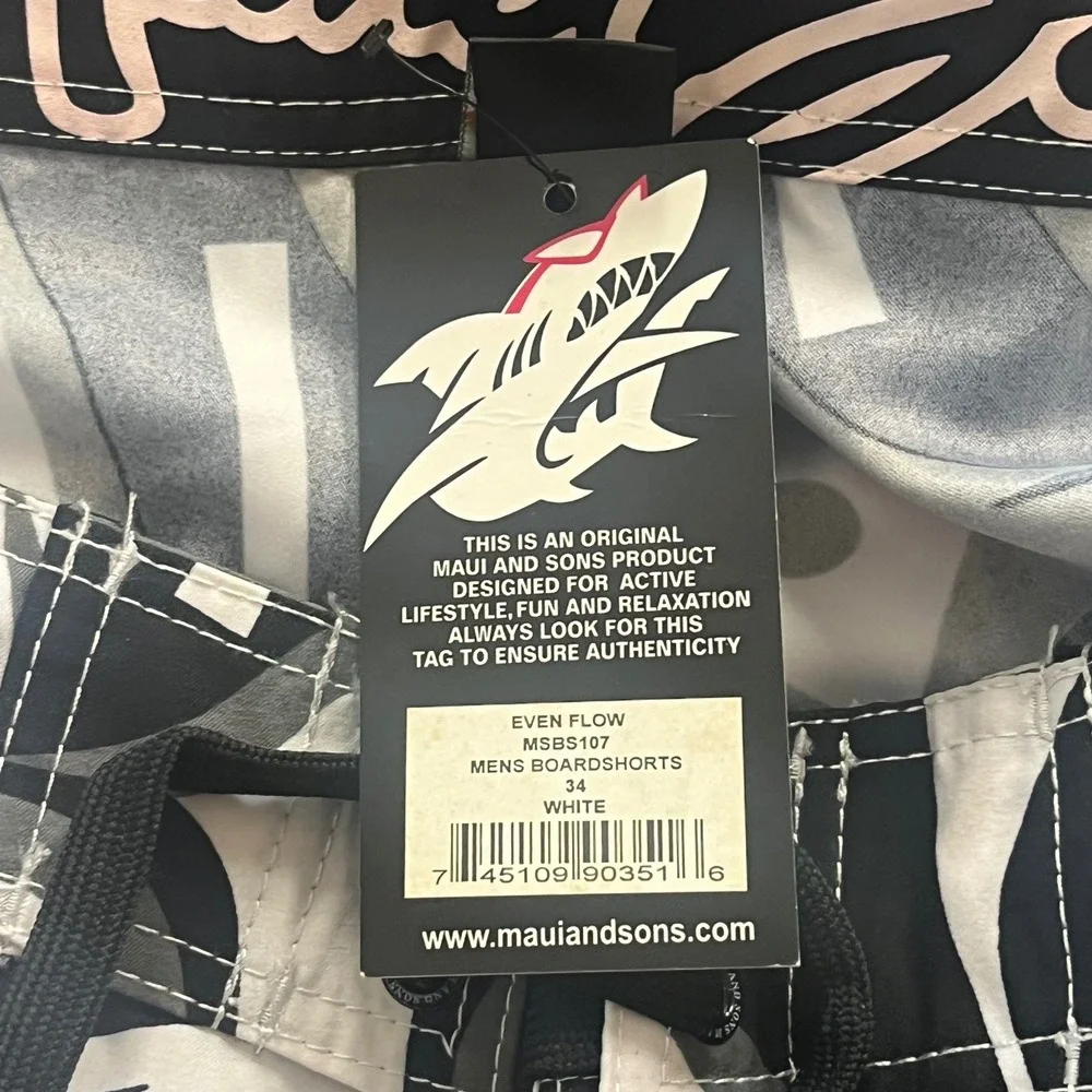 Maui & Sons Black White Abstract Tribal Graphic Board‎ Shorts Beach NWT 34-36